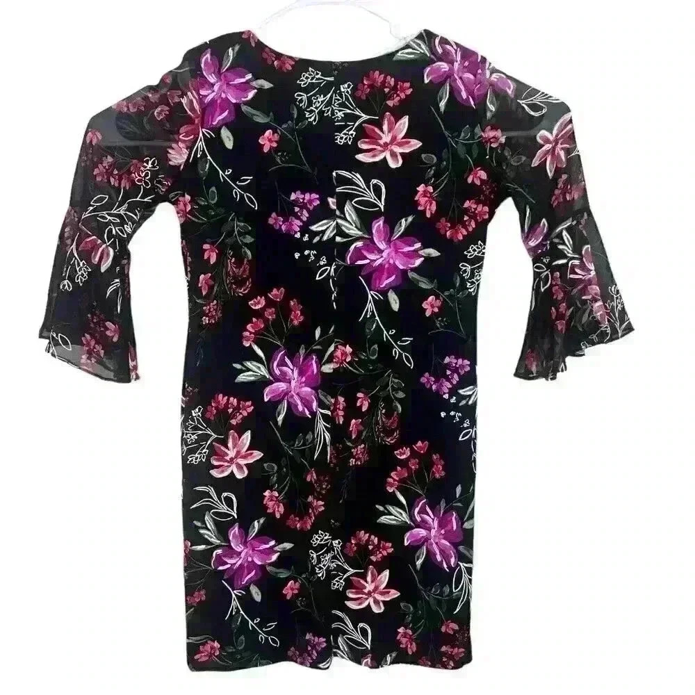 Studio One New York Women's Sheer Sleeves Black‎ Floral Dress Size Medium - Picture 7 of 13